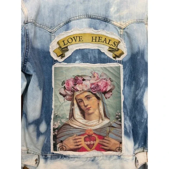 Large Distressed Denim Jacket Sacred Heart Folk Art Boho